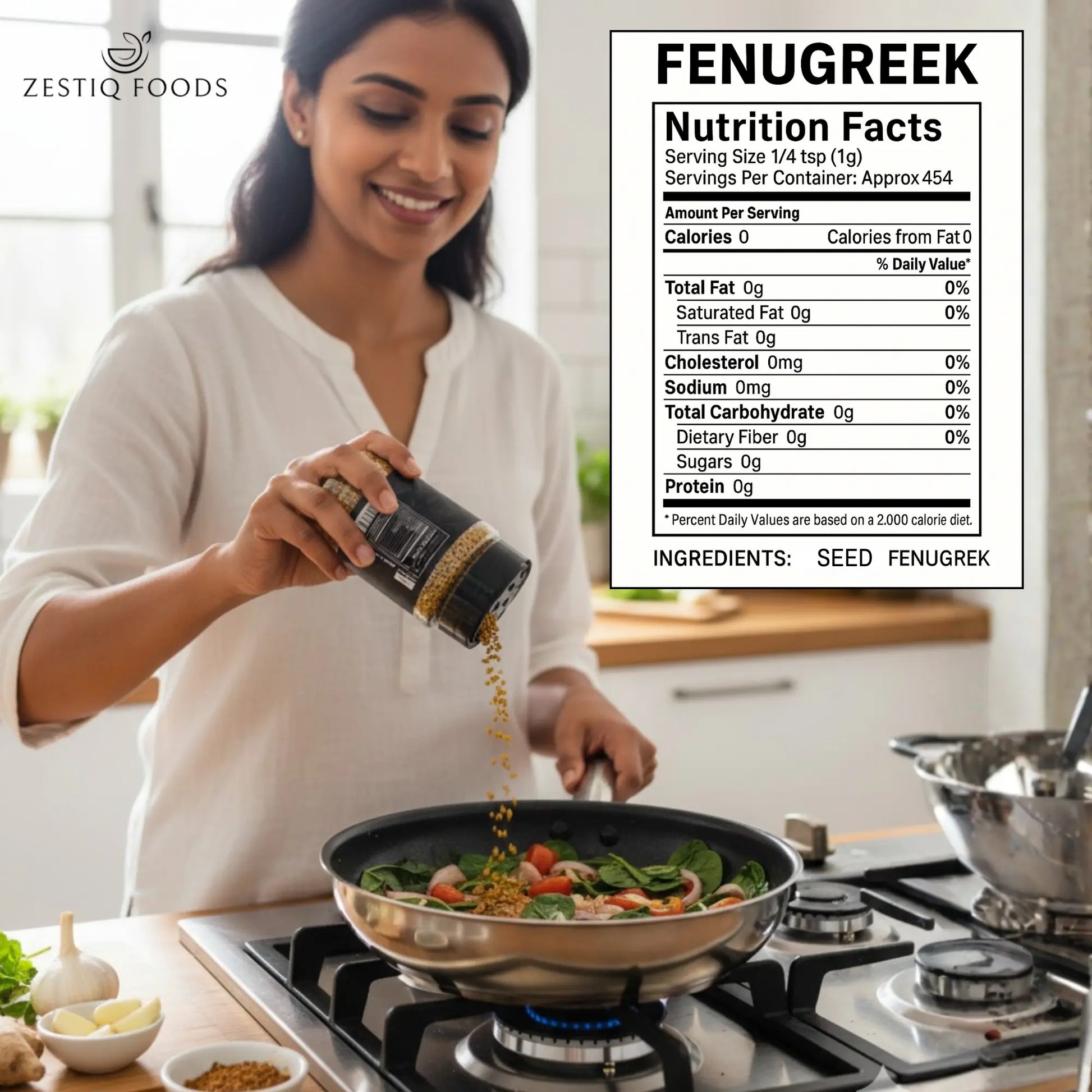 Zestiq Foods Fenugreek Seeds Organic pack. find fenugreek seeds for sale and learn the advantages of fenugreek seeds for hair