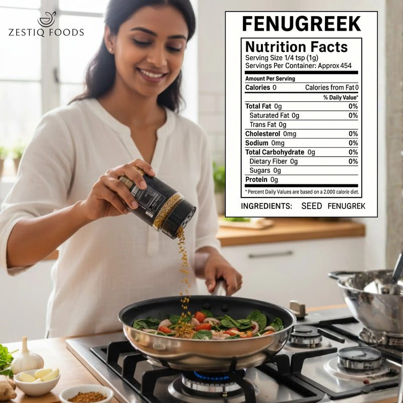 Zestiq Foods Fenugreek Seeds Organic pack. find fenugreek seeds for sale and learn the advantages of fenugreek seeds for hair