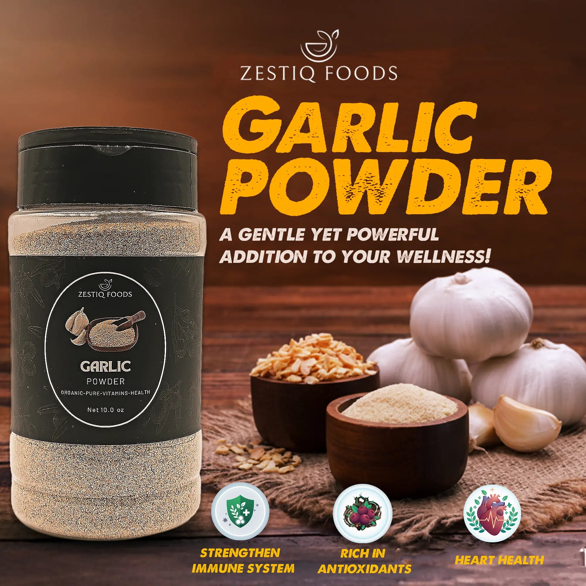 Zestiq Foods Organic Garlic Powder in jar - pure gluten free garlic seasoning for cooking in USA
