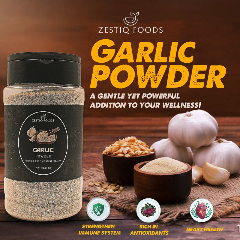 Zestiq Foods Organic Garlic Powder in jar - pure gluten free garlic seasoning for cooking in USA
