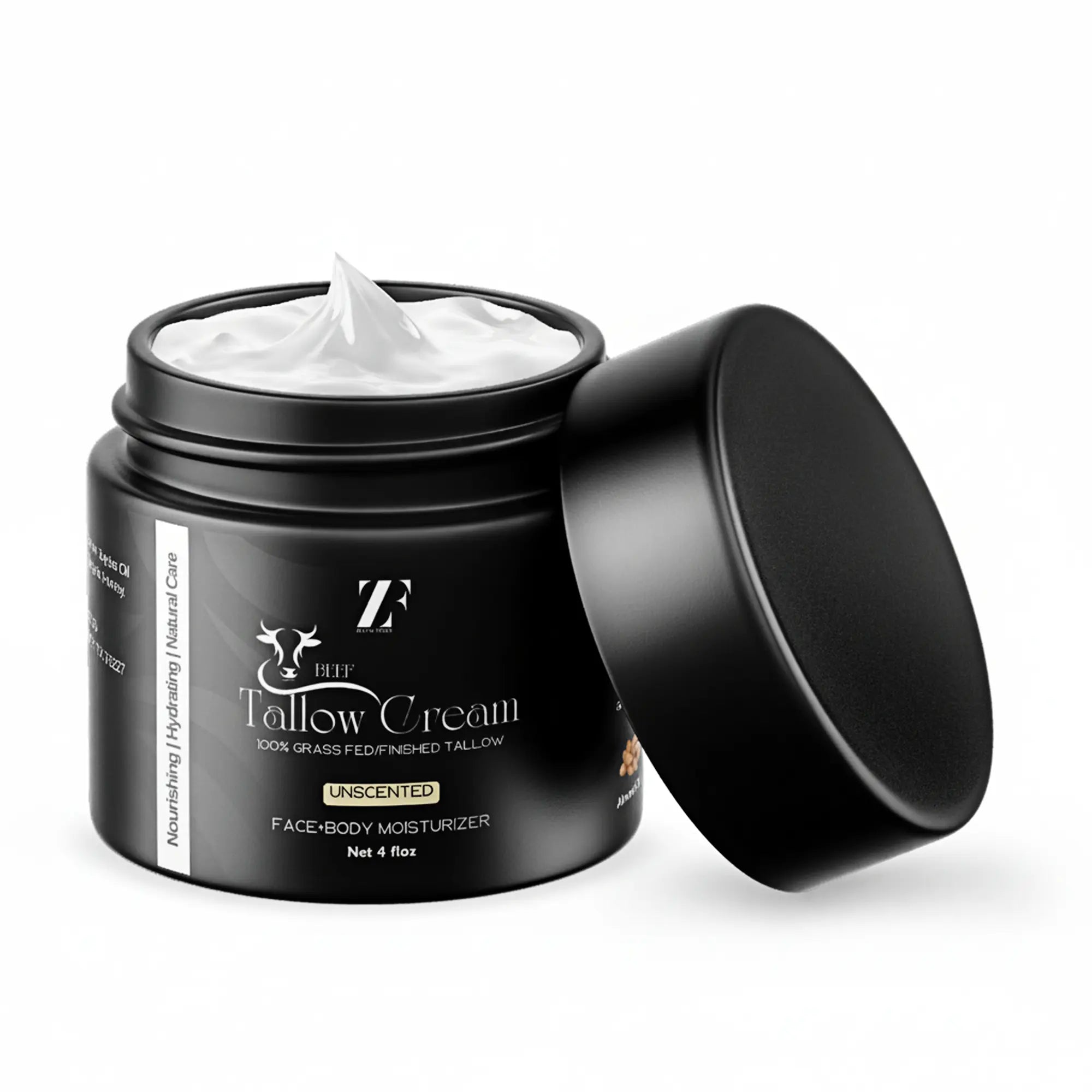 Beef tallow skin cream in eco-friendly glass jar by Zestiq Foods


