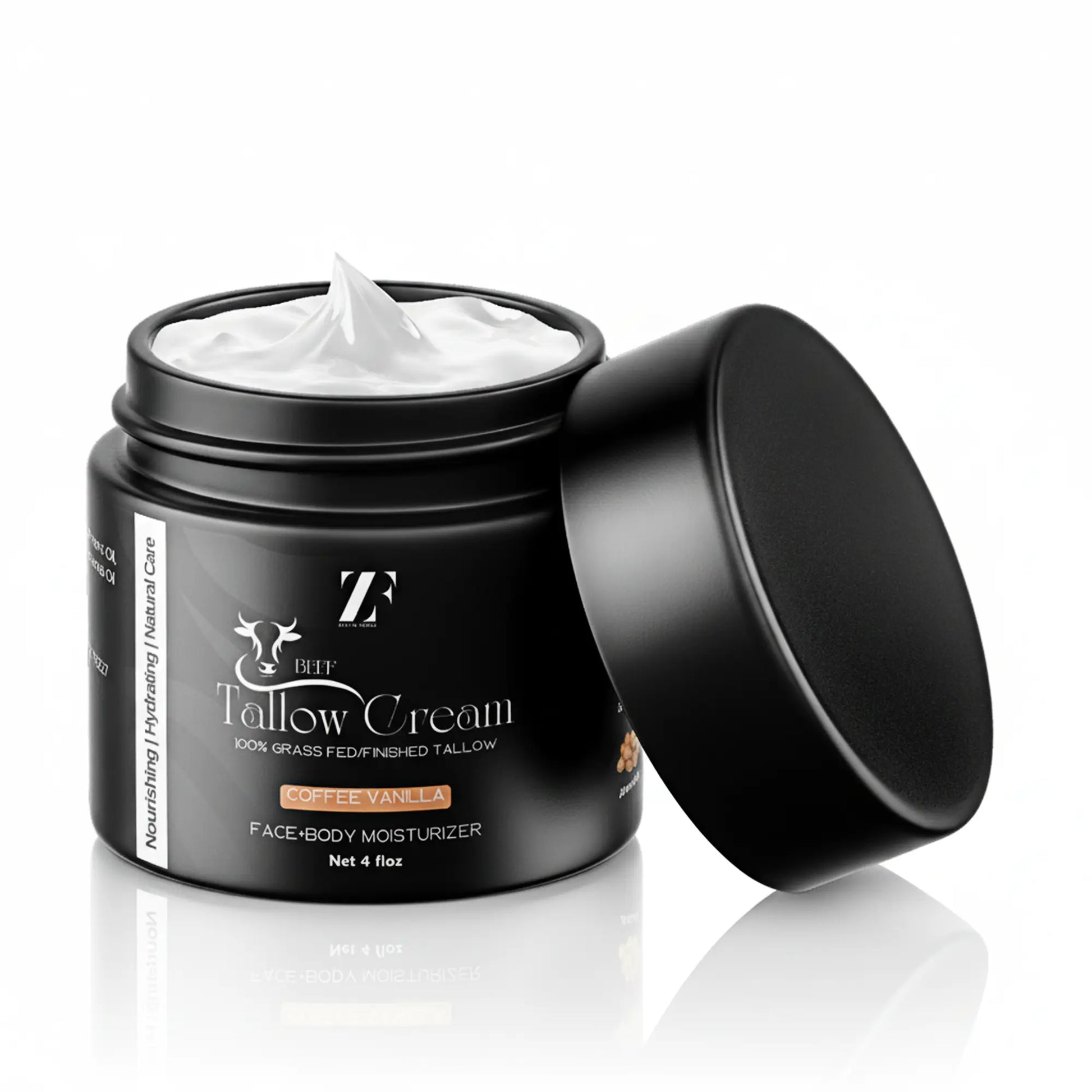 Beef tallow skin cream in eco-friendly glass jar by Zestiq Foods


