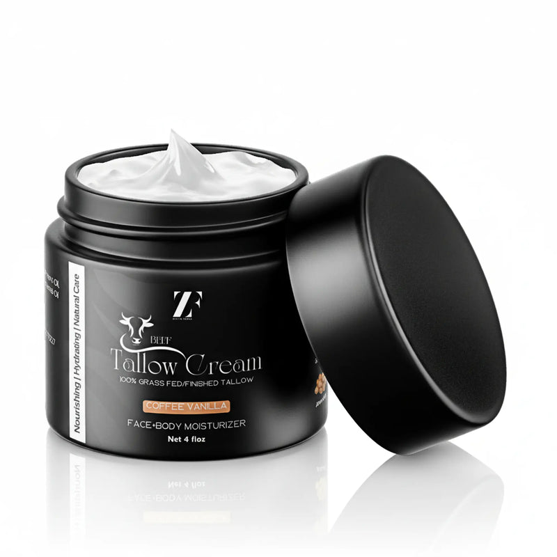 Beef tallow skin cream in eco-friendly glass jar by Zestiq Foods


