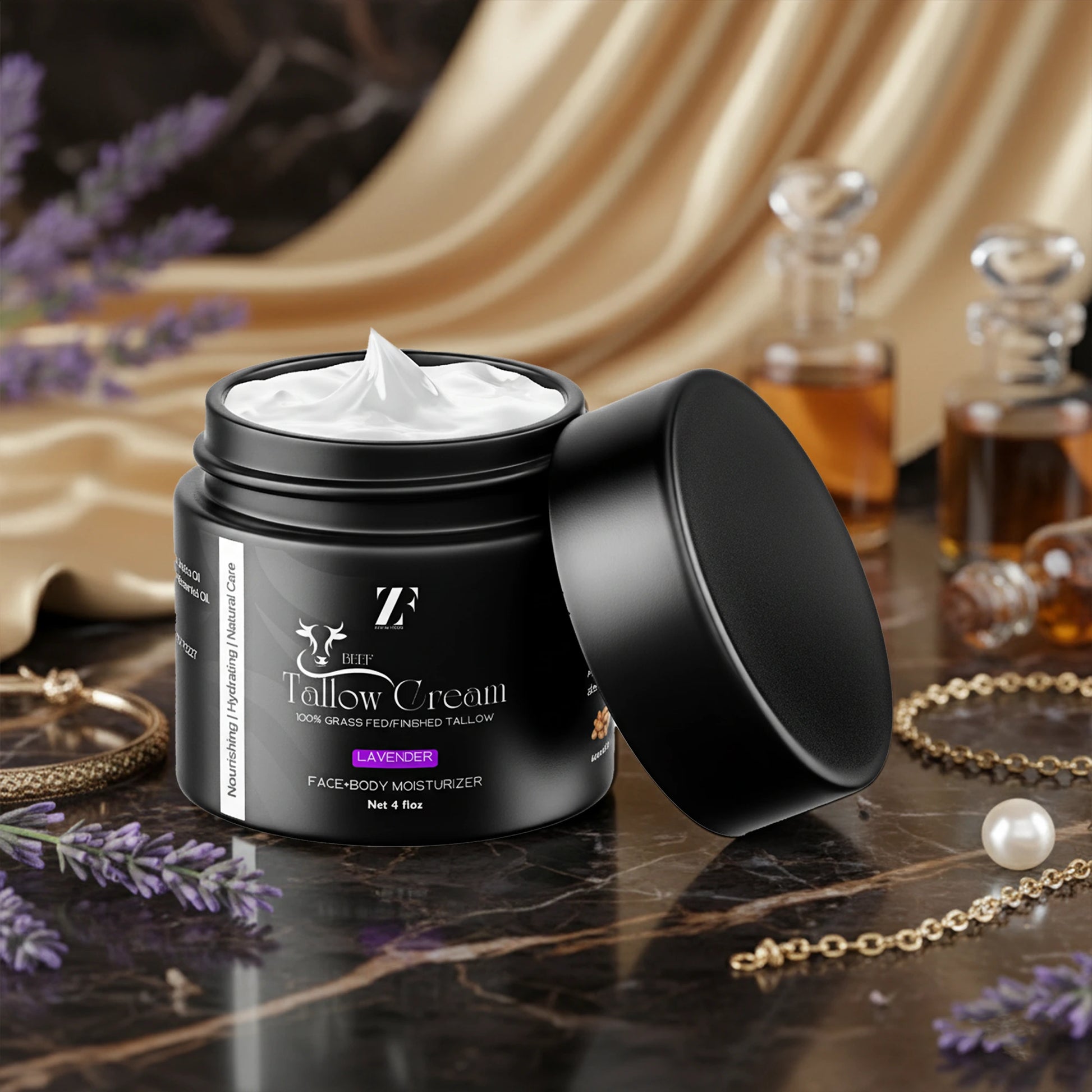 Beef tallow skin cream in eco-friendly glass jar by Zestiq Foods


