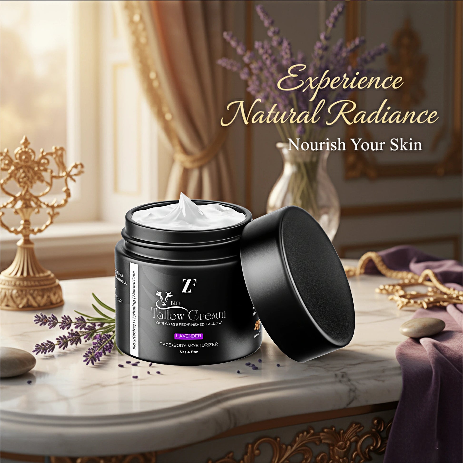 Beef tallow skin cream in eco-friendly glass jar by Zestiq Foods


