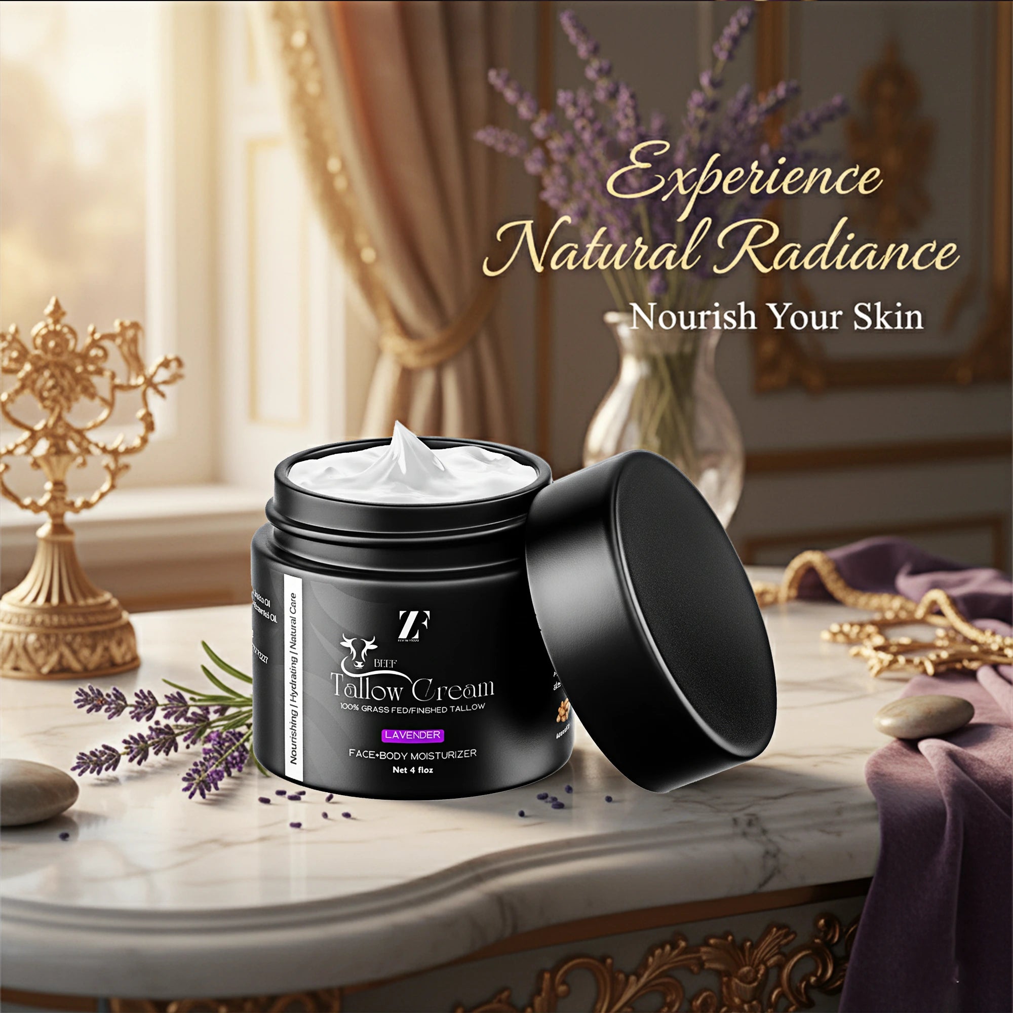 Beef tallow skin cream in eco-friendly glass jar by Zestiq Foods


