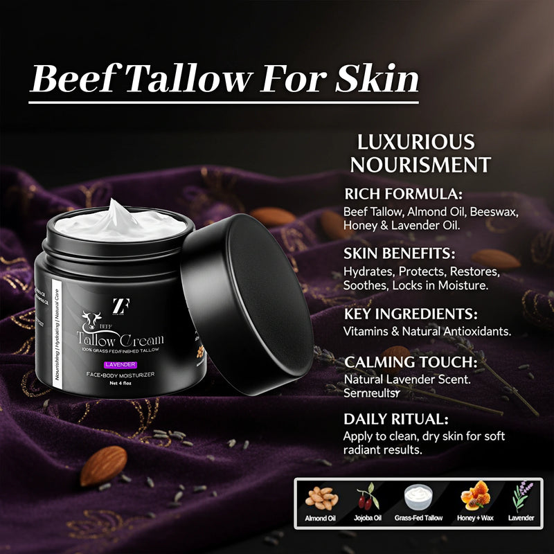 Beef tallow skin cream in eco-friendly glass jar by Zestiq Foods


