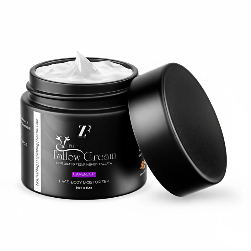 Beef tallow skin cream in eco-friendly glass jar by Zestiq Foods


