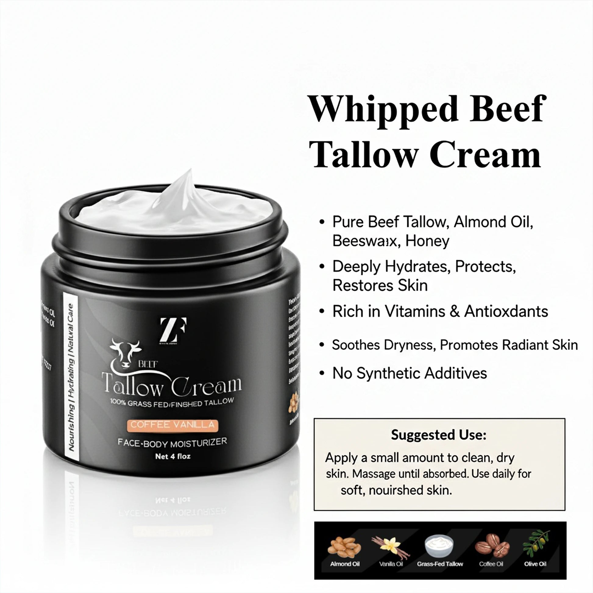 Beef tallow skin cream in eco-friendly glass jar by Zestiq Foods



