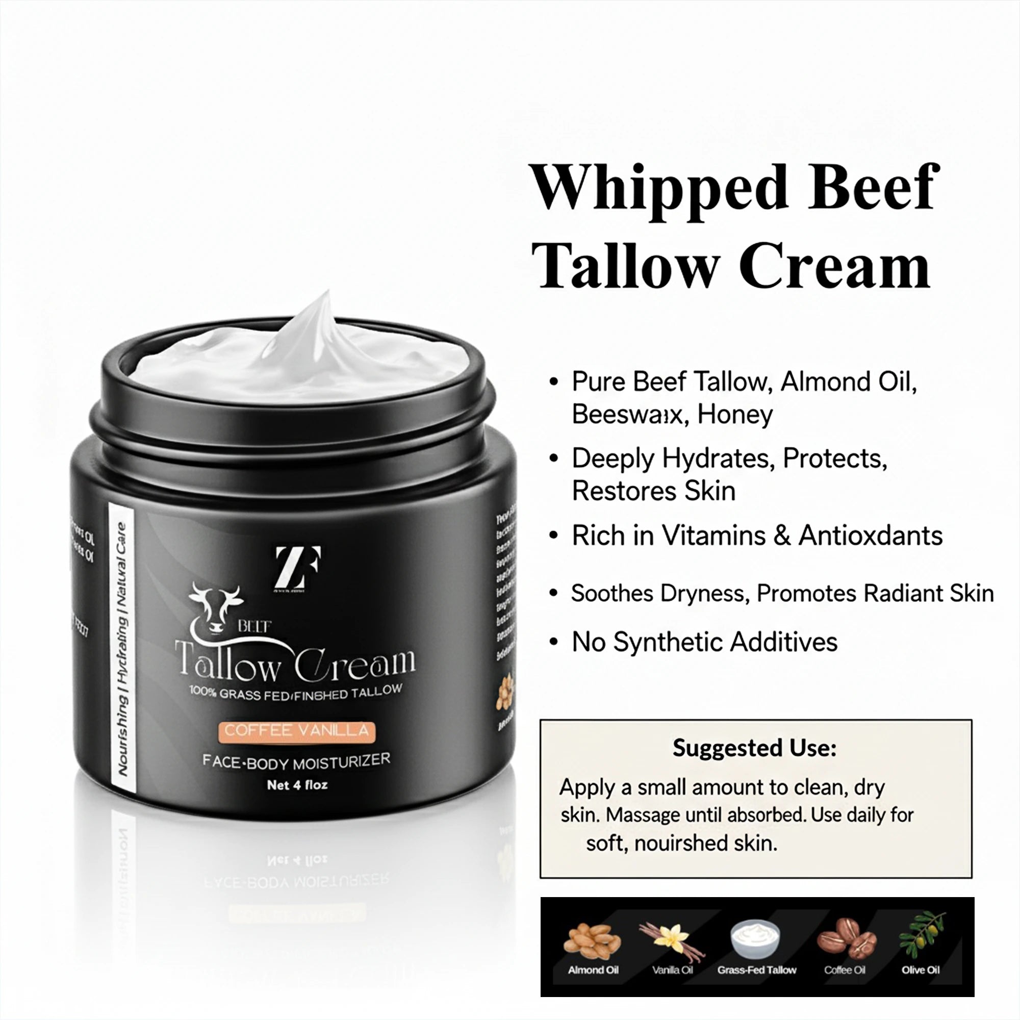 Beef tallow skin cream in eco-friendly glass jar by Zestiq Foods


