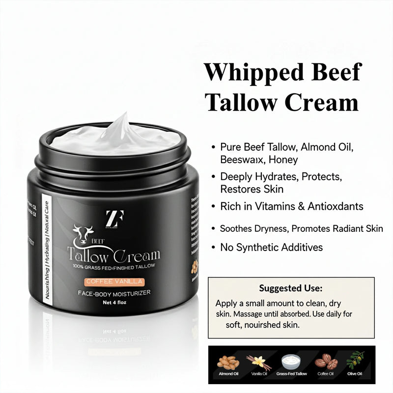 Beef tallow skin cream in eco-friendly glass jar by Zestiq Foods


