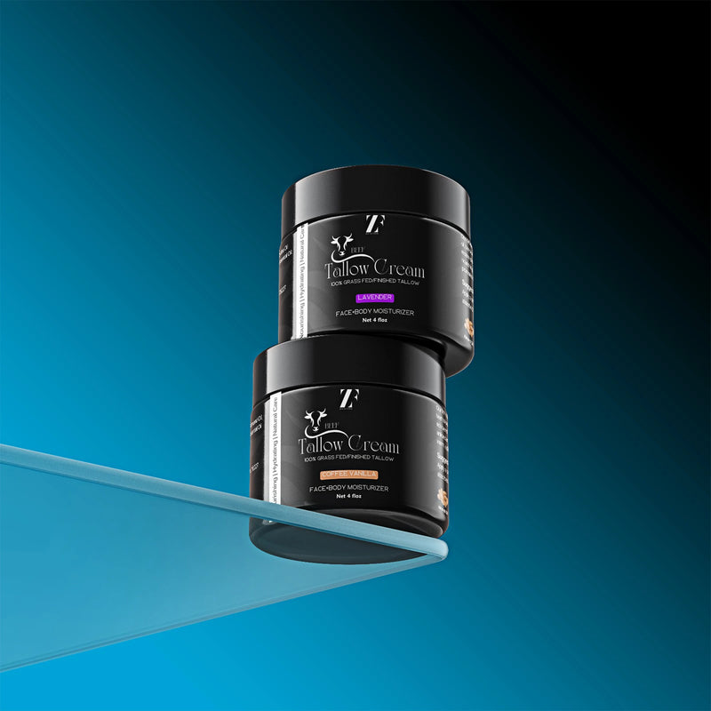 Beef tallow skin cream in eco-friendly glass jar by Zestiq Foods


