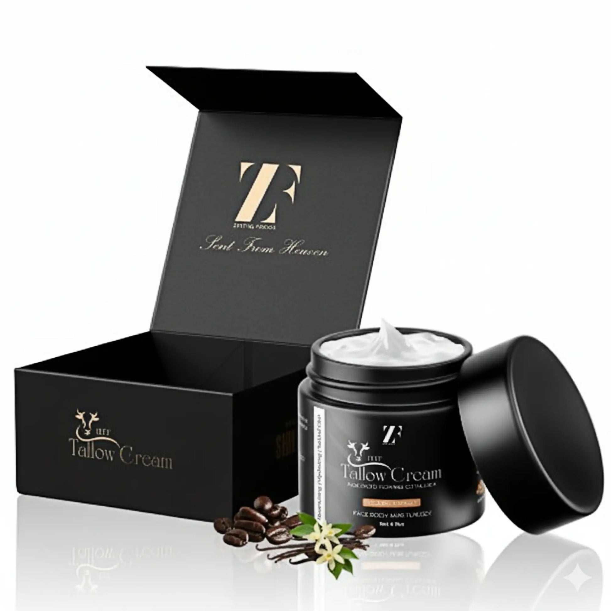 Beef tallow skin cream in eco-friendly glass jar by Zestiq Foods


