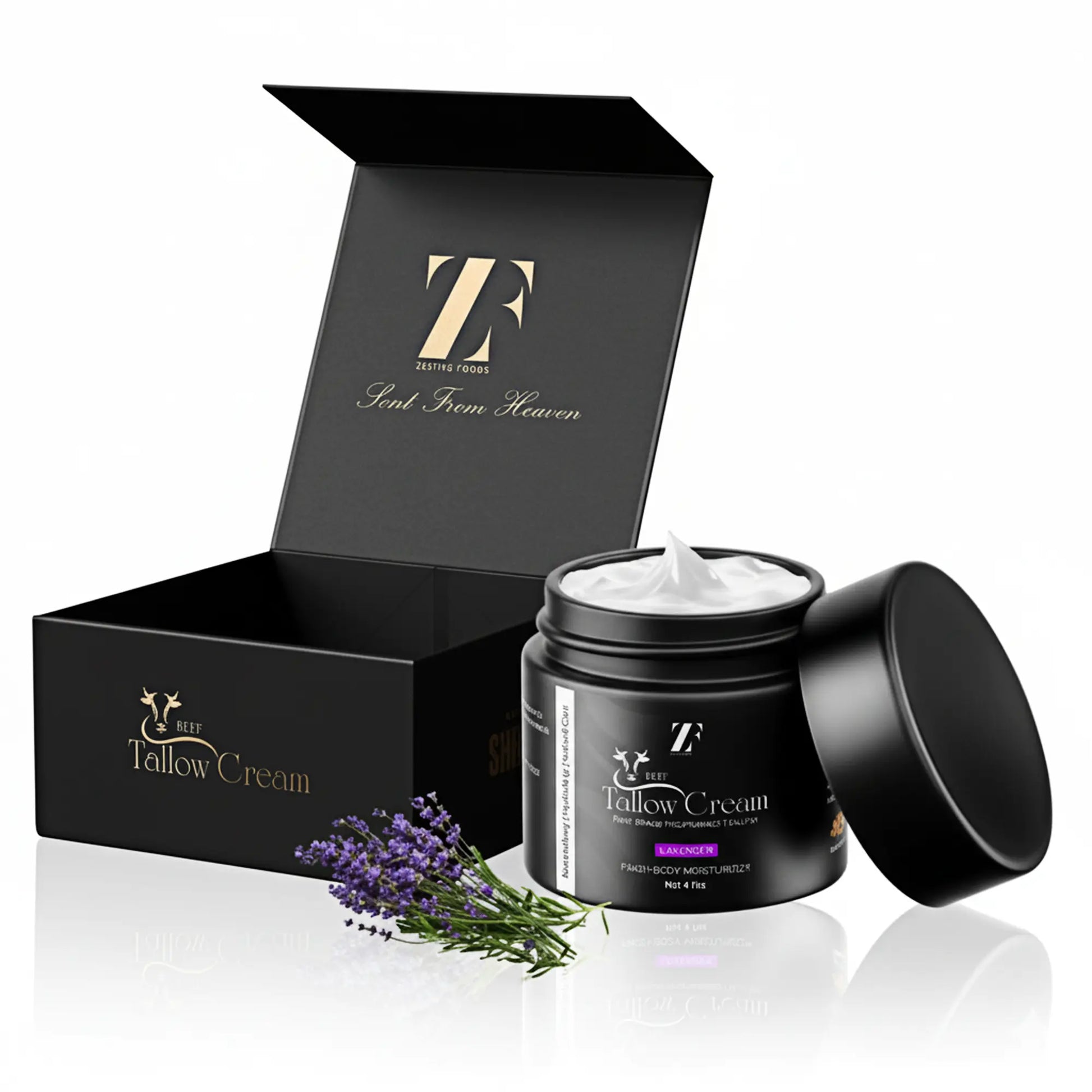 Beef tallow skin cream in eco-friendly glass jar by Zestiq Foods


