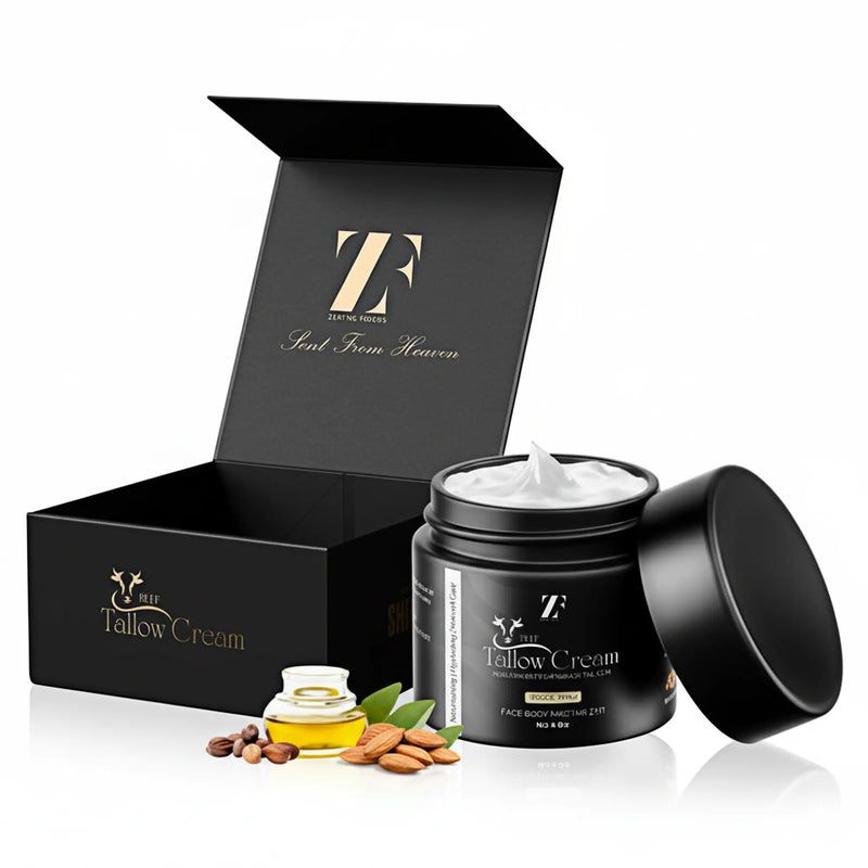 Beef tallow skin cream in eco-friendly glass jar by Zestiq Foods


