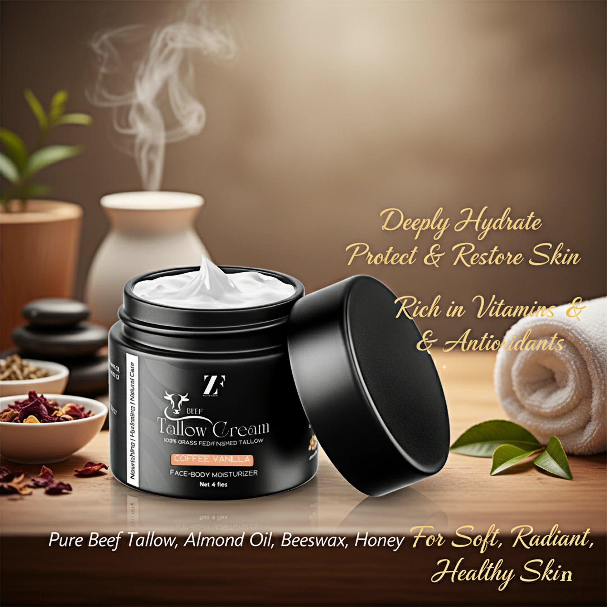Beef tallow skin cream in eco-friendly glass jar by Zestiq Foods


