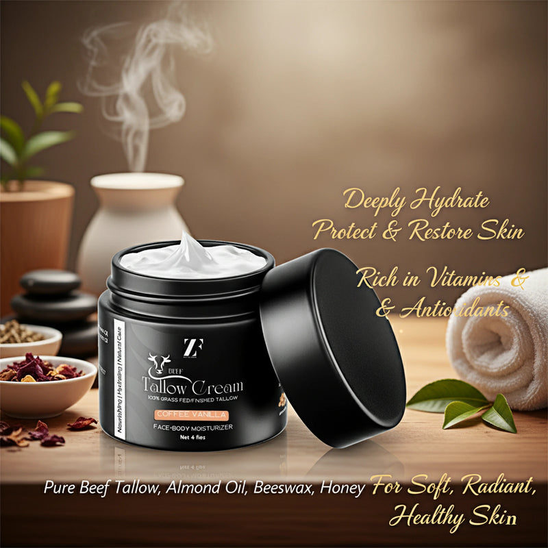 Beef tallow skin cream in eco-friendly glass jar by Zestiq Foods



