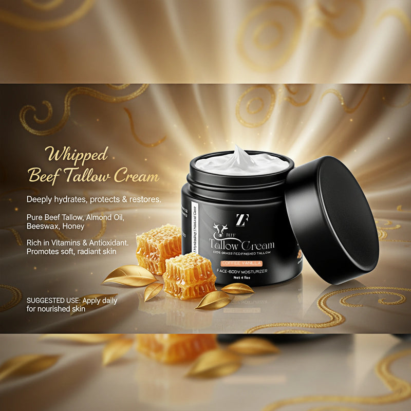 Beef tallow skin cream in eco-friendly glass jar by Zestiq Foods


