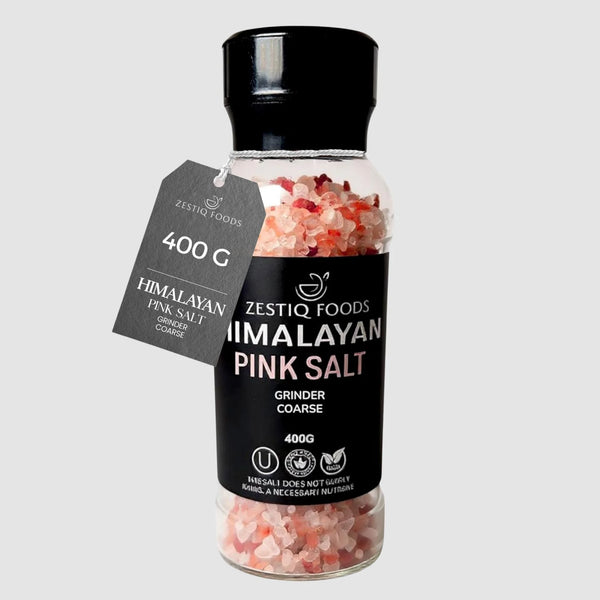 Zestiq Foods Himalayan Pink Salt Coarse Grain Grinder 14.11 oz jar with natural pink salt crystals and built-in grinder on white background