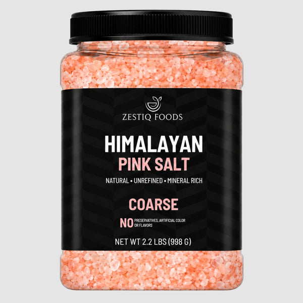 Zestiq Foods Himalayan Pink Salt Coarse Grain 2.2 lb jar with natural unrefined pink salt crystals and black screw-top lid on white background.