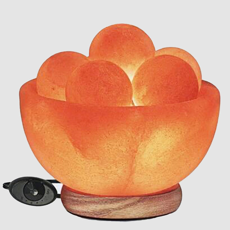 ZF HIMALAYAN PINK ROCK SALT LAMP, FIRE BOWL WITH 6 MASSAGE BALL STONE (5–6” H, 7–8 lb)