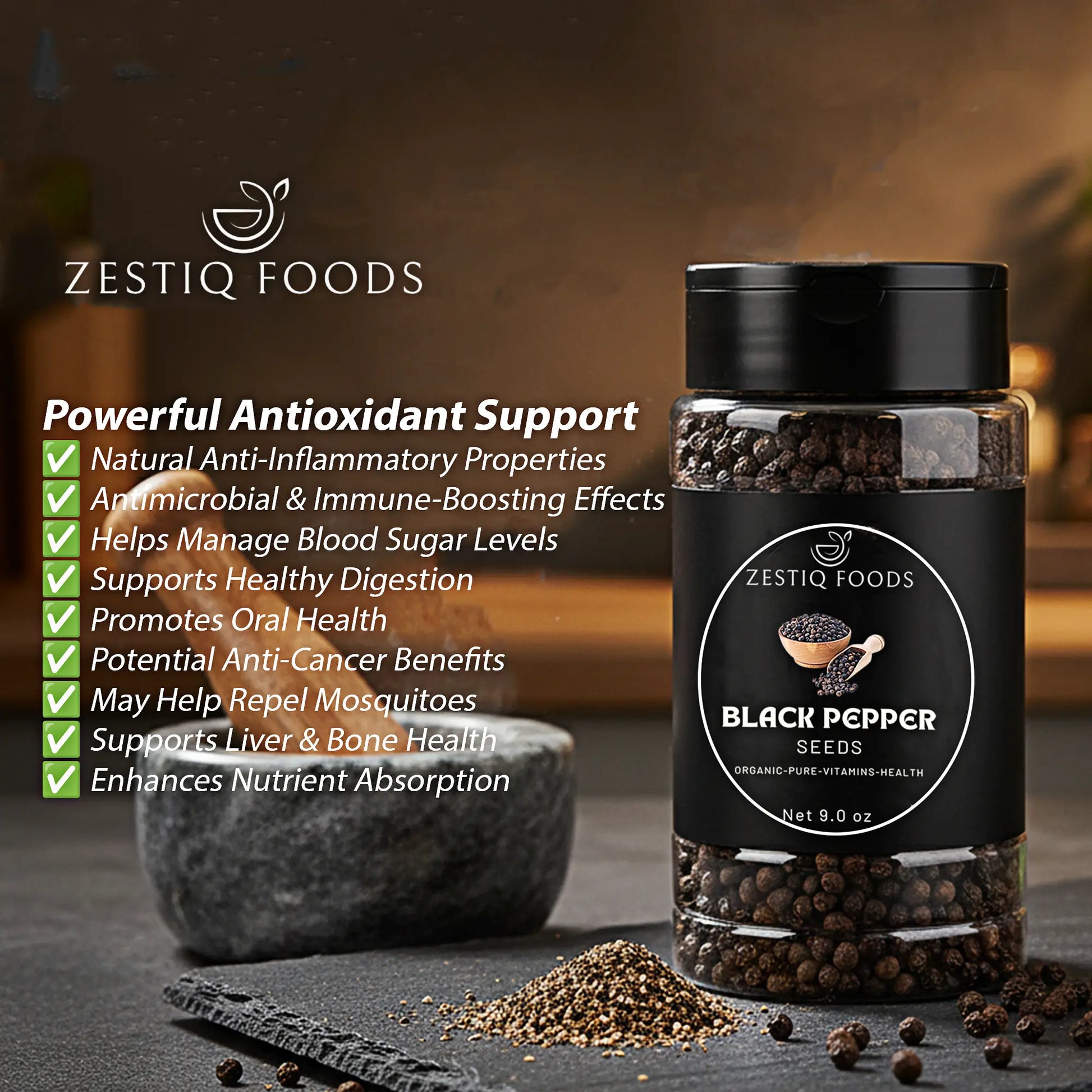 Fresh black peppercorn seasoning for cooking and grinding