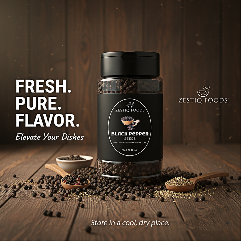Whole black pepper seeds in eco-friendly packaging by Zeestiq Foods”