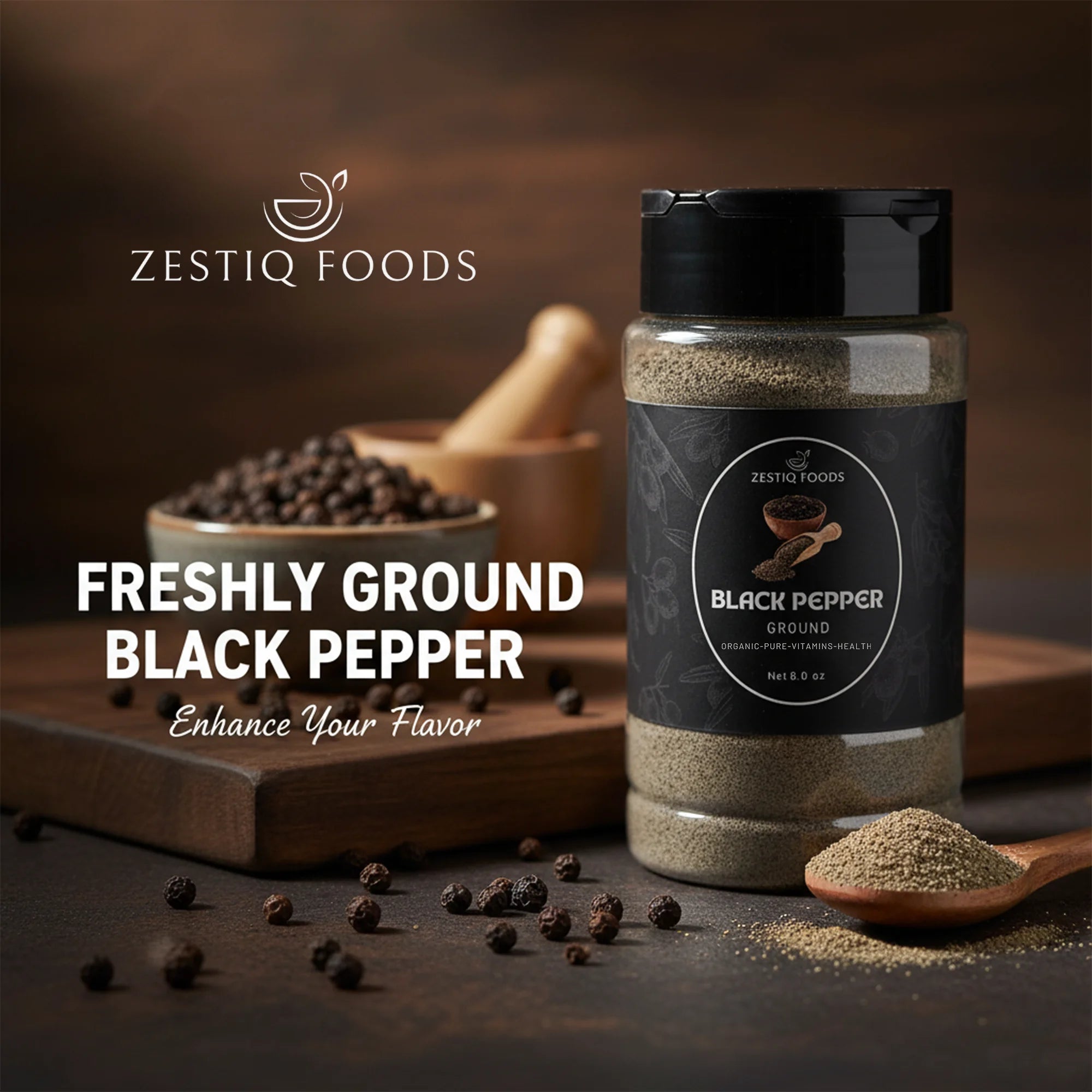 Zeestiq Foods Ground Black Pepper – Freshly Crushed, Aromatic, and Pure Spice Jar
