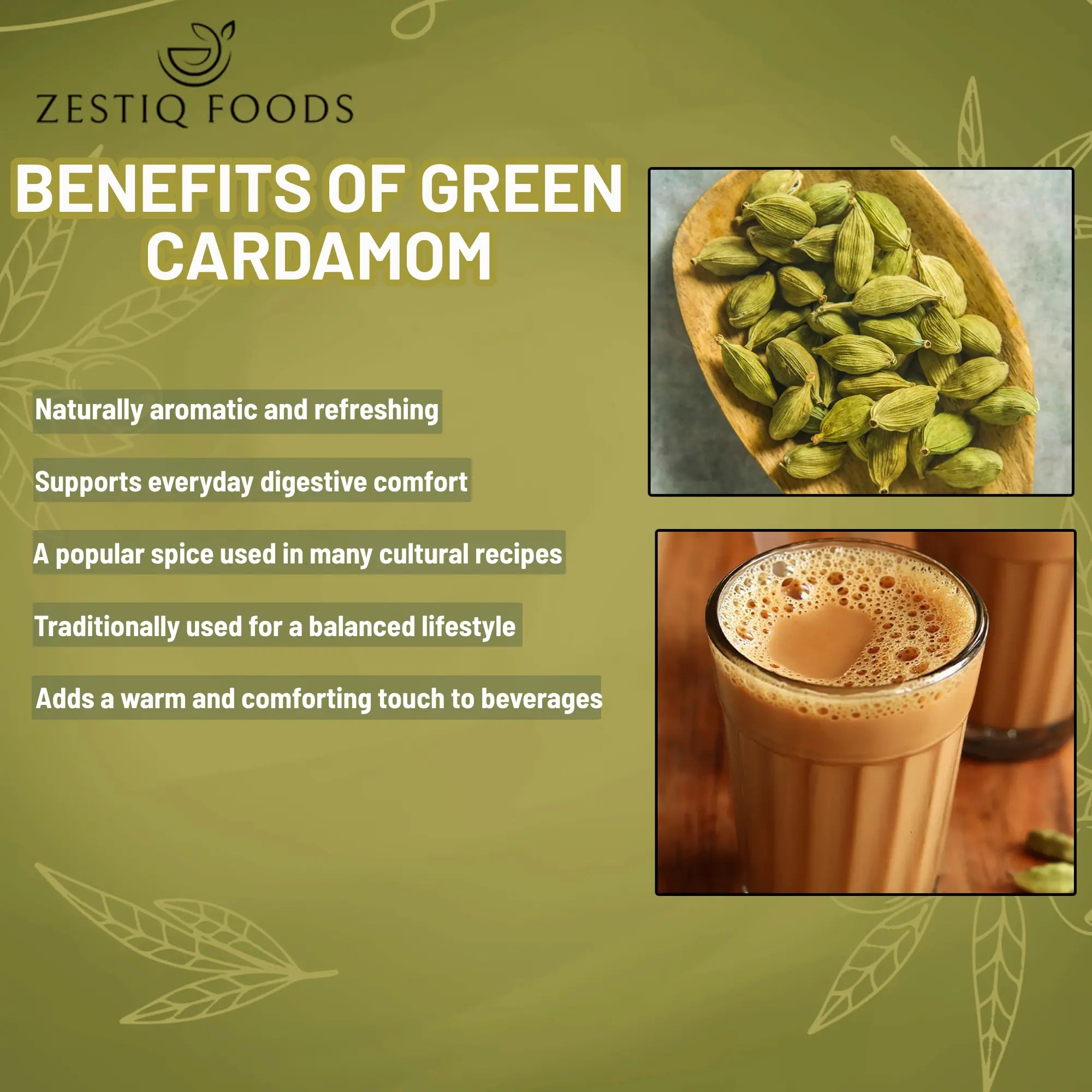 Zestiq Foods green cardamom pods with pure, aromatic, and full of flavor.
