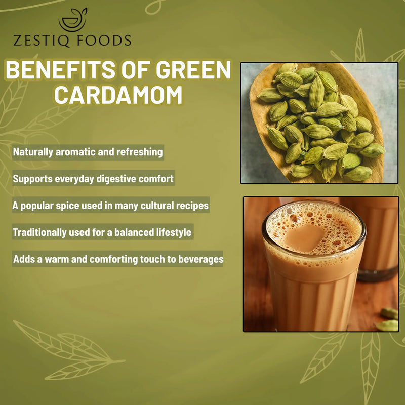 Zestiq Foods green cardamom pods with pure, aromatic, and full of flavor.