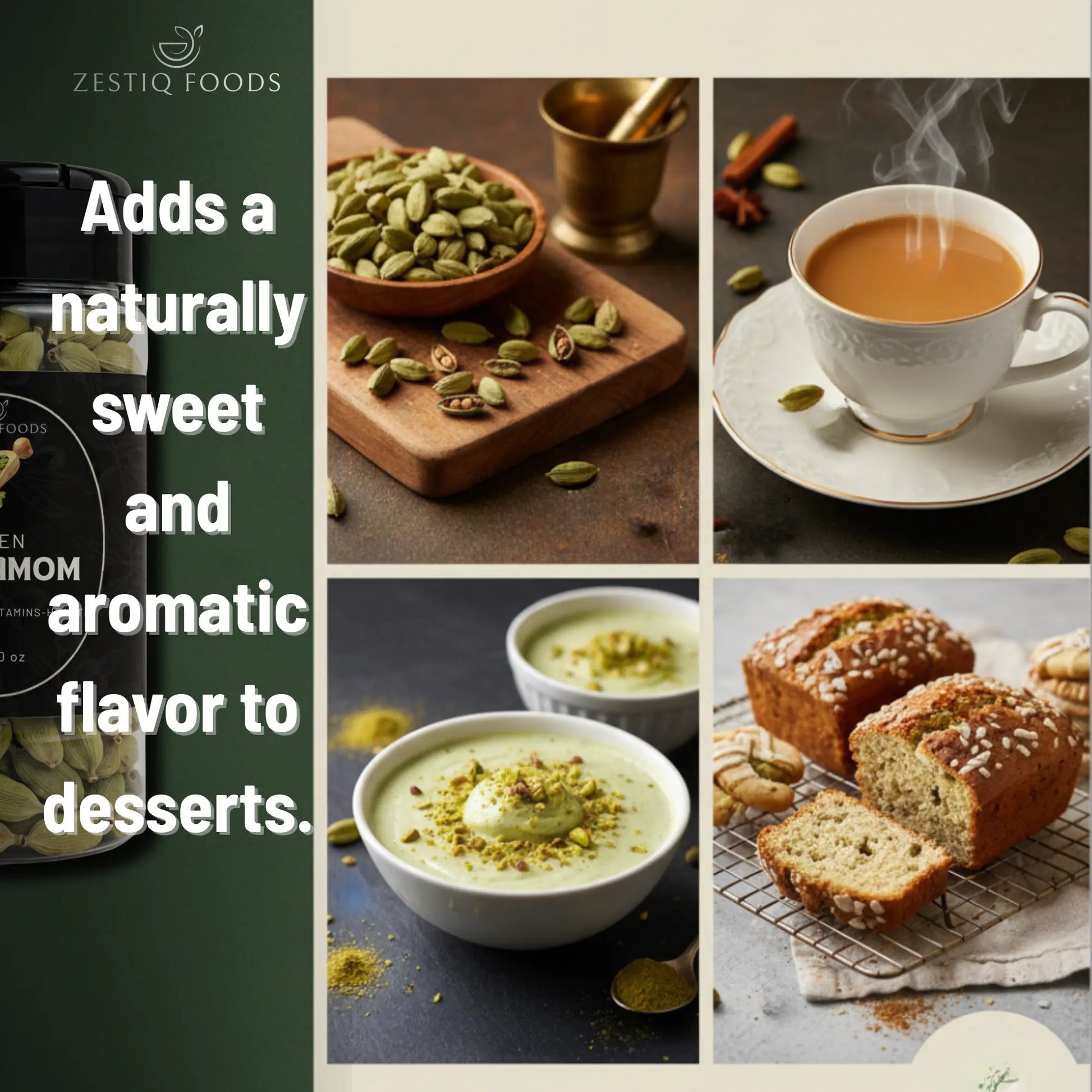 Zestiq Foods green cardamom pods with pure, aromatic, and full of flavor.
