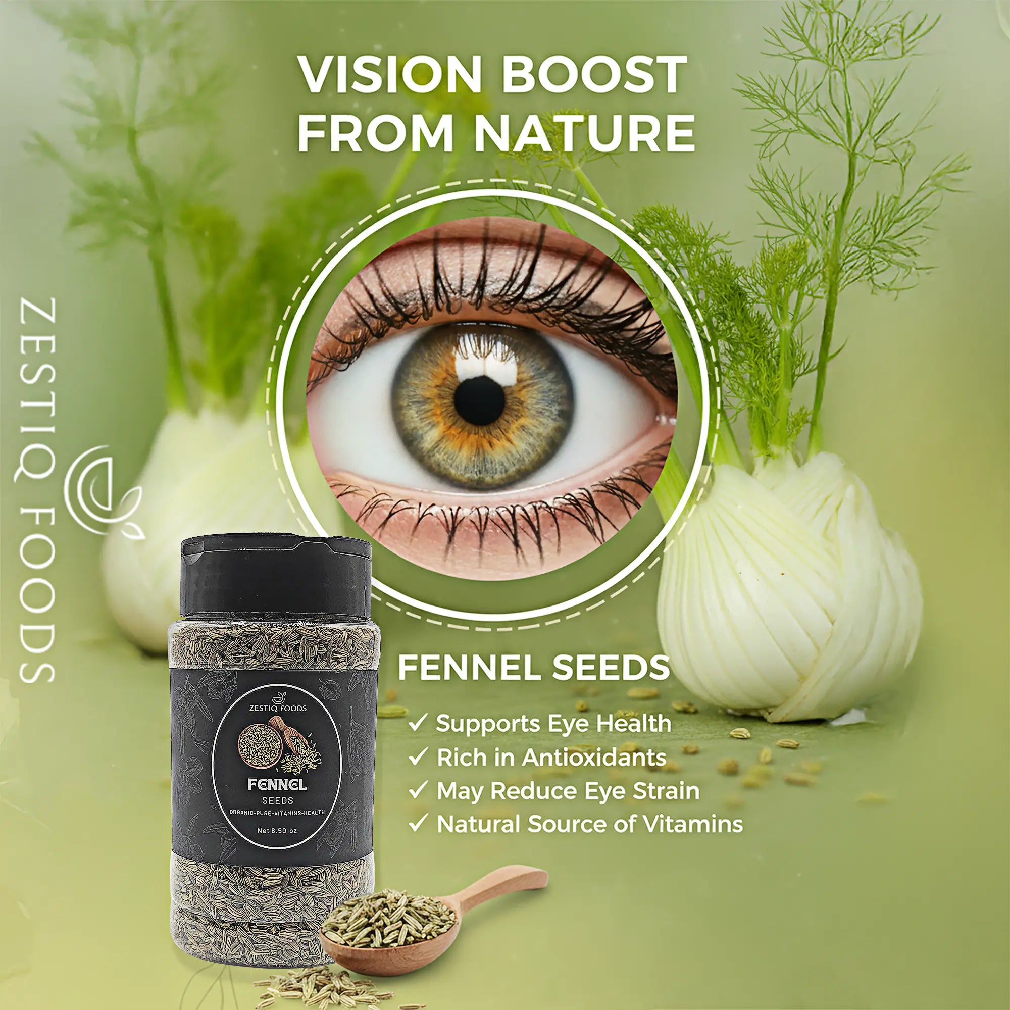 Zestiq Foods Organic Fennel Seeds in jar - whole saunf spice for cooking and teas
