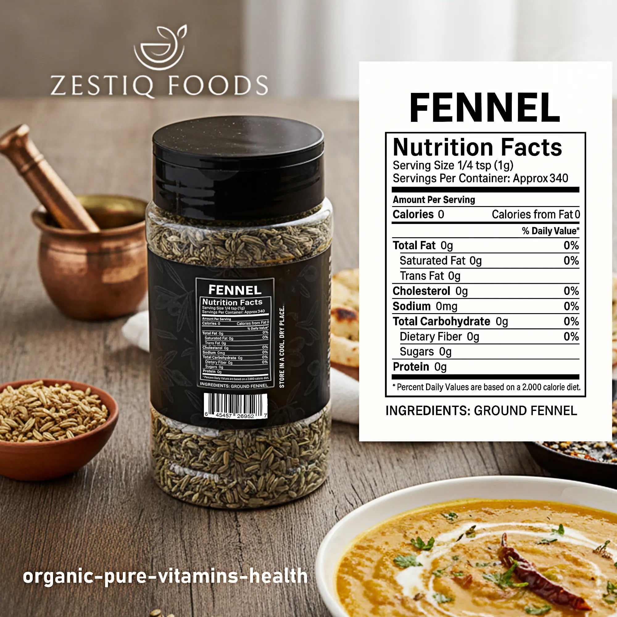 Zestiq Foods Organic Fennel Seeds in jar - whole saunf spice for cooking and teas
