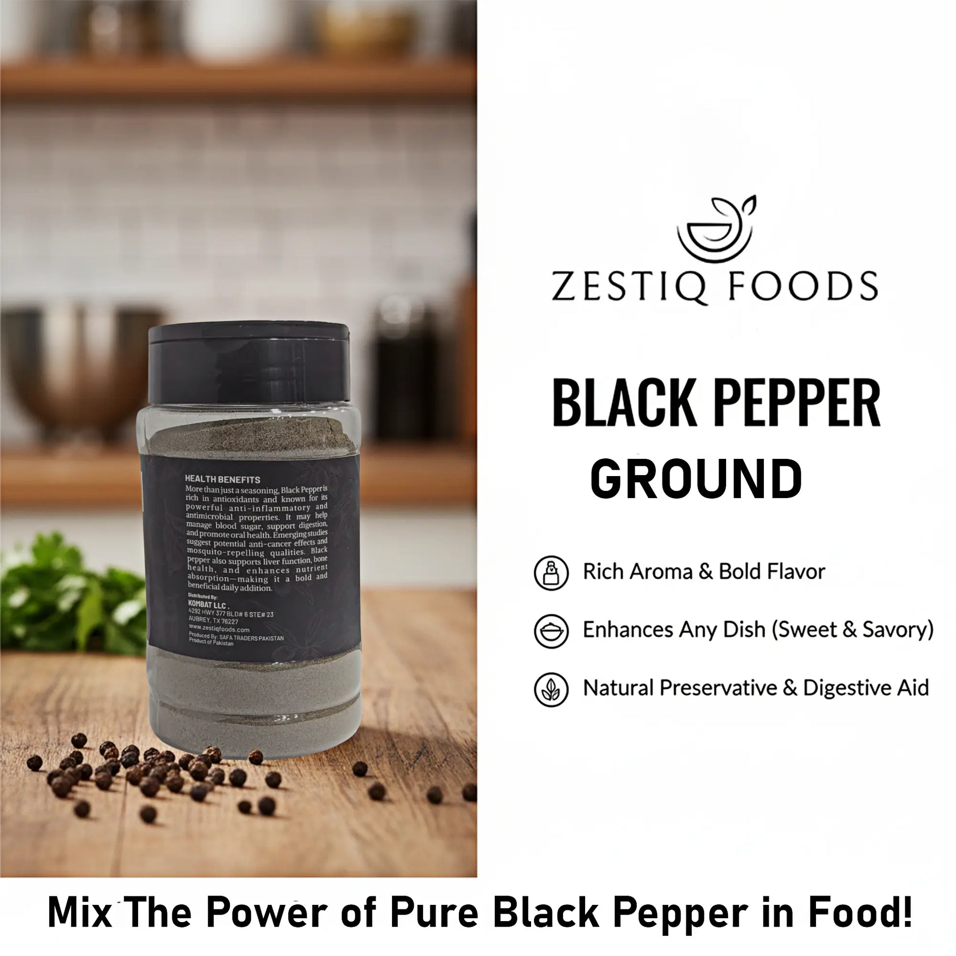 Zeestiq Foods Ground Black Pepper – Freshly Crushed, Aromatic, and Pure Spice Jar
