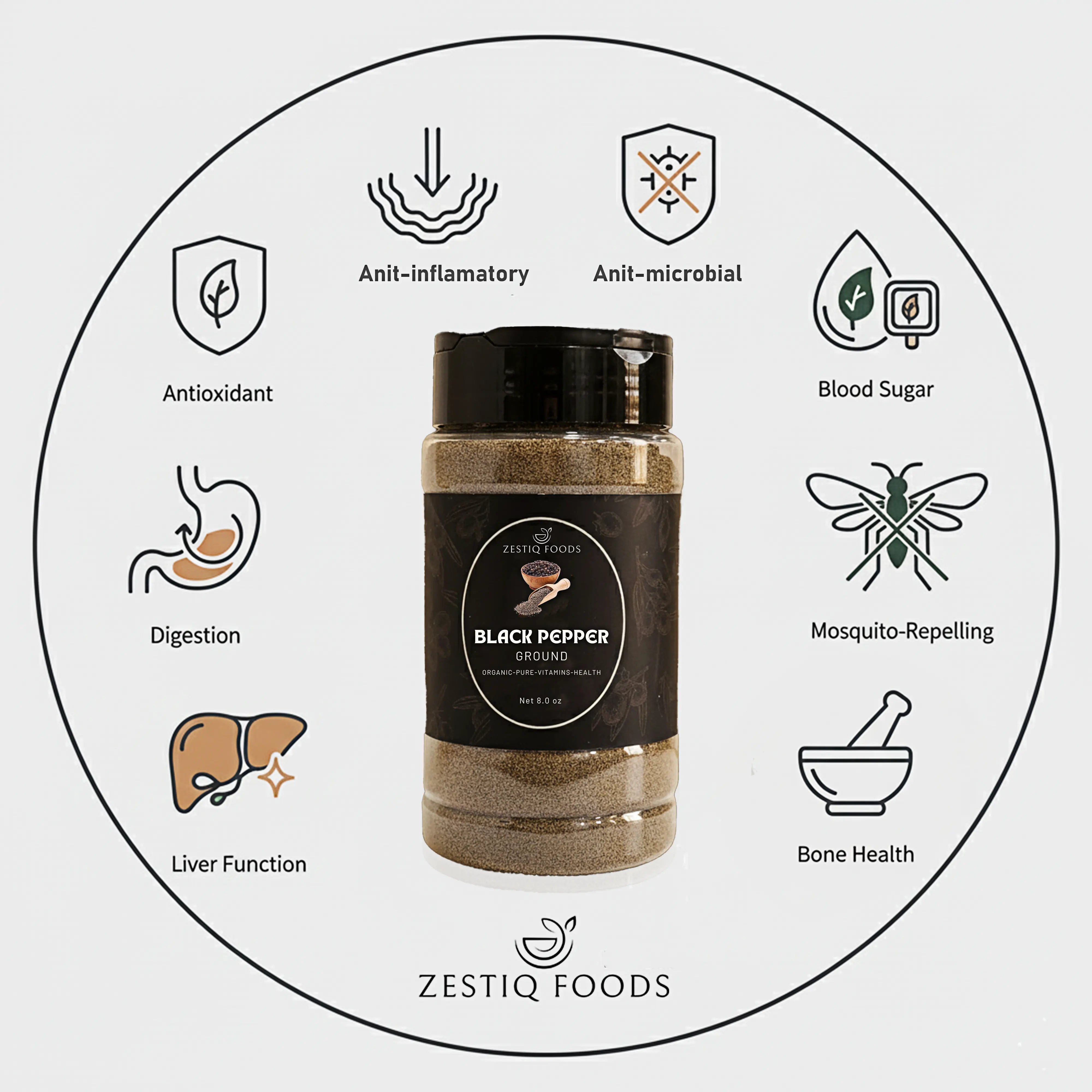 Zeestiq Foods Ground Black Pepper – Freshly Crushed, Aromatic, and Pure Spice Jar
